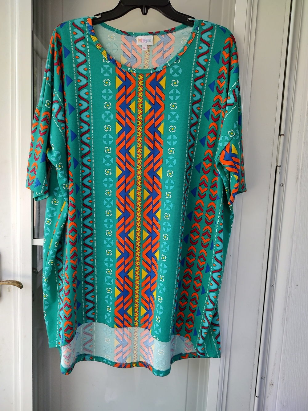 LuLaRoe Teal Geometric Print Short Sleeve Top